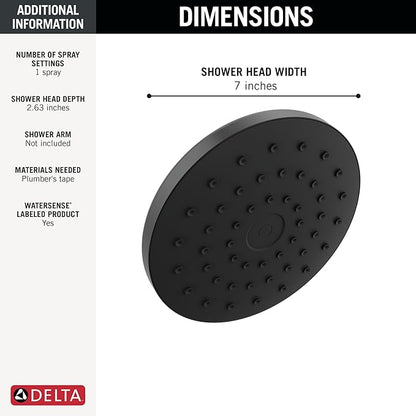 Delta PivotPro Matte Black Rain Showerhead, Single Setting 7 Inch Round Shower Head, Showerheads, 1.75 GPM Flow Rate, Matte Black 75103BL