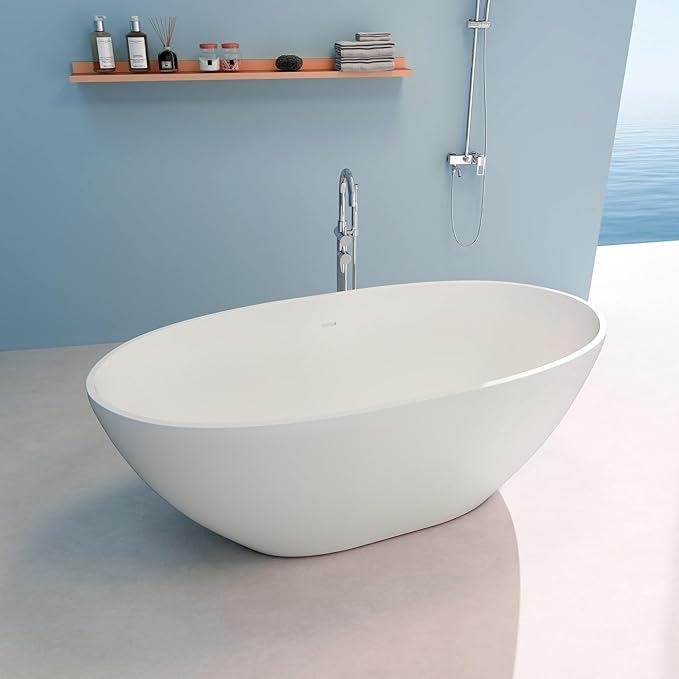Upgraded 61" Solid Surface Freestanding Bathtub, Oval Stone Resin Tub with Overflow and Pop-up Drain, Matte White