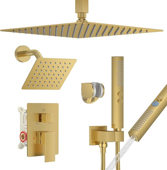 Shower Faucet Set, Ceiling Mount Rainfall Shower Head System 12" + 6" Dual Rain Shower Head Sets with 2 in 1 Handheld Spray for Bathroom with Rough-in Valve and Shower Trim Kit, Brushed Gold