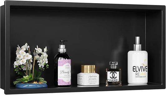 Shower Niche No Tile Needed, 12" X 24"(Outside Size 13.4"X25.4") Bathroom Niche for Shower Wall, Black Stainless Steel Wall Cabinet Insert for Bathroom, Recessed 2-Tier Shelf