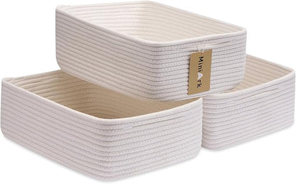 Large Shallow Organizing Baskets 15x11x5.1 Inches - Rope Woven Storage Bins for Bathroom, Shelves, Cube Closet, Off White 3 Packs