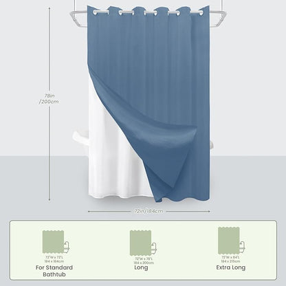 Inhousolu No Hook Waffle Weave Shower Curtain with Removable Snap in Fabric Liner Set for Bathroom, 230 GSM Heavy Duty Weighted Hem Water Repellent Washable Bath Curtains, 72 x 78 Inch, Moonlight Blue