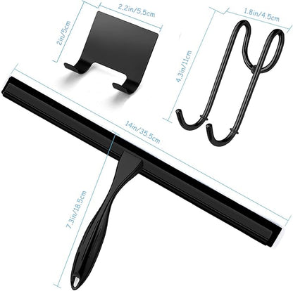 Shower Squeegee for Glass Doors, 14 Inches Bathroom Squeegee with Spare Silicone Blade, Shower Door Hook and Adhesive Hook, Stainless Steel Bathroom Squeegee for Mirror Window (14in-Black-1 Pack)
