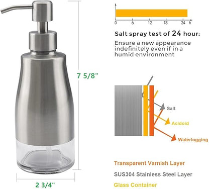 Gaussra Soap Dispenser with Coaster and Stickers, Brushed Nickel Stainless Steel Case Glass Liner Hand Pump Dispenser, Refillable Liquid Hand Soap Dispenser for Bathroom & Kitchen (11OZ / 320ML)