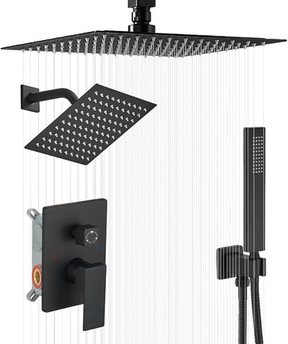 Matte Black Shower System, Knob Switch Diverter Shower Faucet Set with High Pressure Handheld Spray, Ceiling Mount 10 Inch Shower Head with 6 Inch Wall Mount Shower Head
