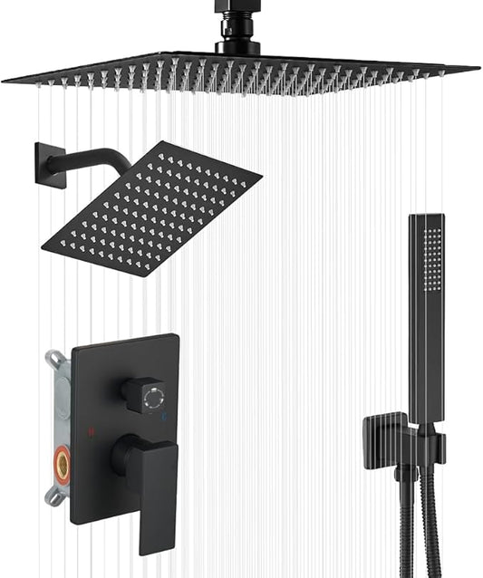 Matte Black Shower System, Knob Switch Diverter Shower Faucet Set with High Pressure Handheld Spray, Ceiling Mount 10 Inch Shower Head with 6 Inch Wall Mount Shower Head
