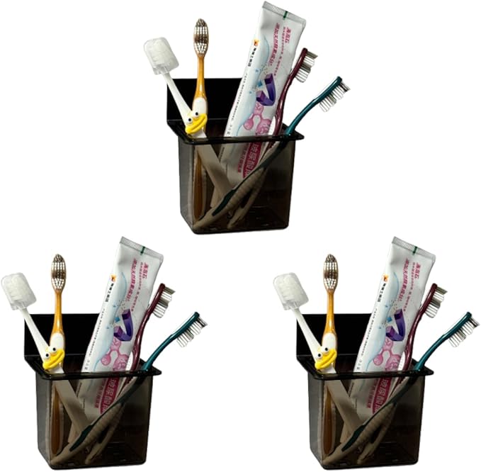 3 Pack Modern Black Metal Clear Plastic Toothbrush Holders,Toothpaste Holder Set - Kids & Adults with Wall-Mounted Metal Bathroom Organizer Set for Bathroom