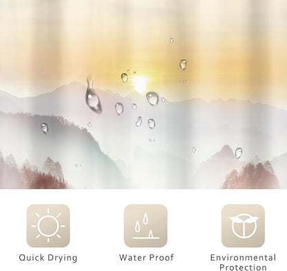 Riyidecor Misty Mountain Shower Curtain 60Wx72H Inch Red Sunrise Nature Scenery Foggy Pine Tree Scenic Woodland Modern Natural Landscape Cool Bathroom Decor Fabric Polyester Waterproof 12 Pack Hooks