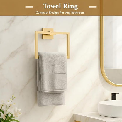 5-Piece Bathroom Hardware Set， Brushed Gold Bathroom Accessories 304 Stainless Steel， Including 23.8 inch Bath Towel Bar*2, Double Towel Hook, Toilet Paper Holder, and Towel Ring