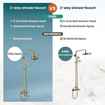 gotonovo Exposed Bathroom Shower System Classic Shower Kit 8 Inch Luxurious Rainfall Shower Head Handheld Spray Tub Filler Brass Pipe 3-Function Wall Mount Double Cross Knobs Antique Brass