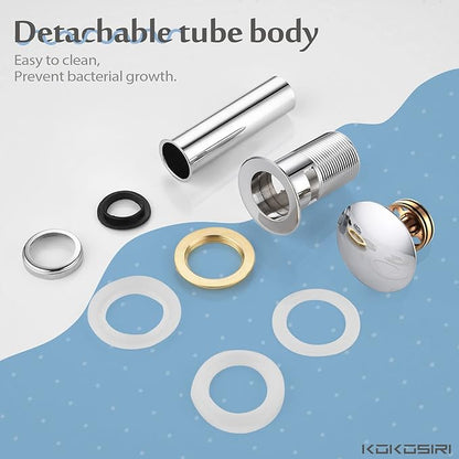 KOKOSIRI Bathroom Sink Drain with Detachable Hair Catcher, Polished Chrome Pop Up Sink Drain with Strainer Basket Anti Clogging for Vanity Vessel Sink with Overflow, C1001CH