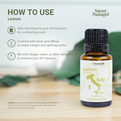 Lemon Essential Oil - Direct from Citrusmade Southern Italy - Cold Pressed - Aceite de Limón for Aromatherapy, Massage, Diffuser, DIY Candle and Soap Making - 8oz