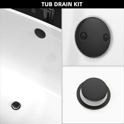 Matte Black Tub Drain Kit, Tip-Toe Bathtub Drains and Overflow Trim Set with 2-Hole Overflow Faceplate, Bathroom Bath Tub Drain Stopper Replacement Kit with Hair Catcher, Tub Faucet Set