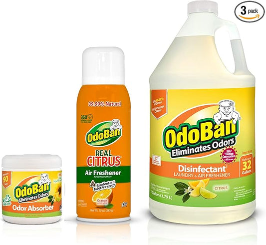 OdoBan Aroma Eliminator Set, Made in the USA, 10 Ounce Natural Oil Real Citrus Orange Air Freshener Spray, 1 Gallon Multipurpose Disinfectant Cleaning Concentrate, 14 Ounce Solid Scent Absorber