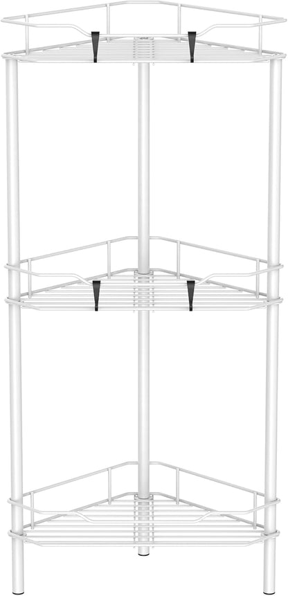 3 Tier Floor Standing Corner Shower Caddy Organizer Shelf with Hooks, Bathroom Shelves Stand Rack, White