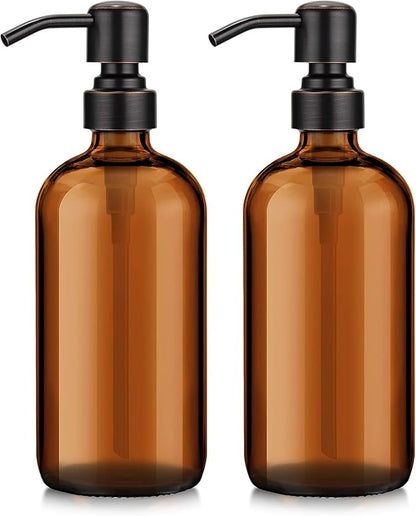 AmazerBath Amber Glass Soap Dispensers, 2 Glass Amber Pump Bottles, 17 Oz Dish Soap Dispenser, Kitchen Bathroom Hand Soap Dispensers for Hand Sanitiser, Shampoo, Lotion, Shower Gel Conditioner