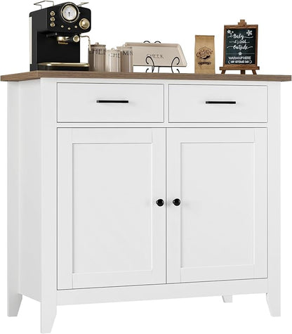 HORSTORS Kitchen Storage Cabinet, Modern Farmhouse Buffet Cabinet with Storage, Coffee Bar with 2 Drawers and 2 Doors, Floor Sideboard Buffet for Living Room, Dining Room, Bathroom, Ivory White