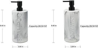 Marble Resin 2 Piece Shampoo and Body Wash Dispenser Set, Luxurious Refillable Pump Bottles with Matte Pump Top and Embossed Text, Durable Design for Bathroom and Shower
