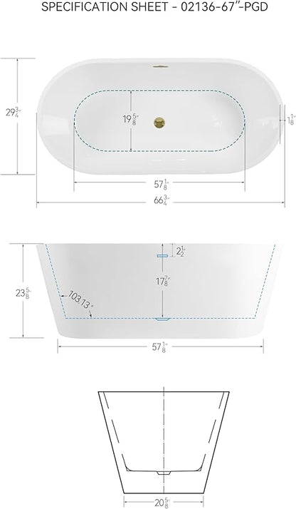 FerdY 67" Shangri-La Elite, Acrylic Freestanding Bathtub, Modern & Contemporary Design Soaking Tub with Polished Gold Drain Pop-Up Drain and Minimalist Design Overflow, cUPC Certified