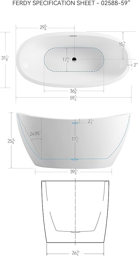 FerdY Naha 59" Acrylic Freestanding Bathtub, Curve Edge Freestanding Soaking Bathtub, Glossy White, cUPC Certified, Toe-Tap Chrome Drain & Overflow Assembly Included, 02588