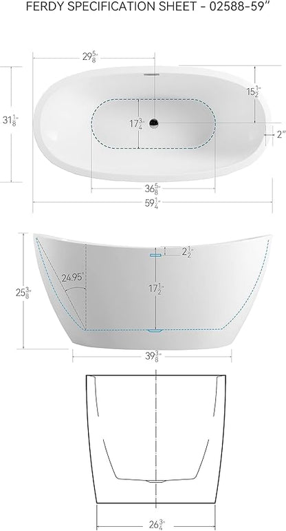 FerdY Naha 59" Acrylic Freestanding Bathtub, Curve Edge Freestanding Soaking Bathtub, Glossy White, cUPC Certified, Toe-Tap Chrome Drain & Overflow Assembly Included, 02588