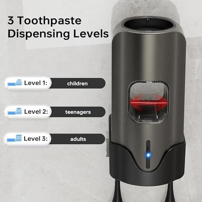 Automatic Toothpaste Dispenser Wall Mounted - Hands-Free Toothpaste Squeezer with 3 Speed Settings, 2 Toothbrush Holders & Strong Adhesive - Smart Bathroom Organizer for Kids and Adults