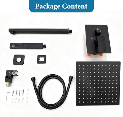 Matte Black Square Shower Head with Handheld Set, Rainfall Shower System Modern Wall Mounted Shower Faucet for Bathroom 12 inch (With Shower Valve)