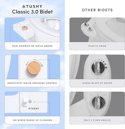 TUSHY Classic 3.0 Bidet Toilet Seat Attachment - A Non-Electric Self Cleaning Water Sprayer with Adjustable Water Pressure Nozzle, Angle Control & Easy Home Installation (Bamboo Knob)