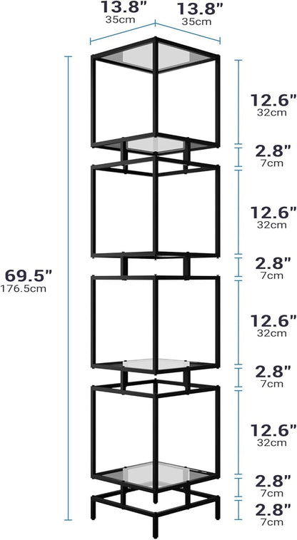 4 Cube Glass Shelf, 4-Tier Bookshelf, Display Shelf Rack, Metal Storage Rack with Tempered Glass, Modern Style for Living Room, Bathroom, Kitchen, Black