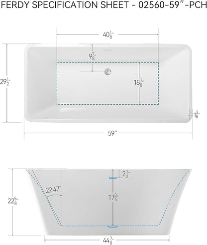 FerdY Sentosa 59" Acrylic Freestanding Bathtub, Contemporary Design Soaking Tub with Polished Chrome Drain and Minimalist Linear Design Overflow, Easy to Install