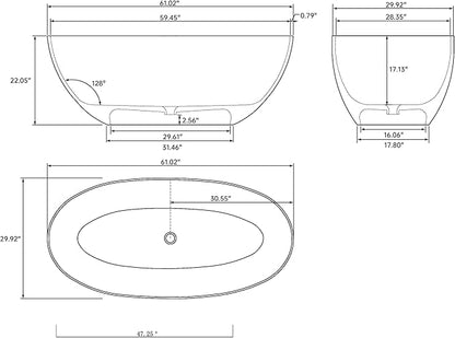 Solid Surface Freestanding Bathtub 61", Modern Oval Shape Soaking Tub, Stone Resin Stand Alone Bathtub with Drain & Integrated Slotted Overflow Transparent Orange AMFS303-1550-Orange
