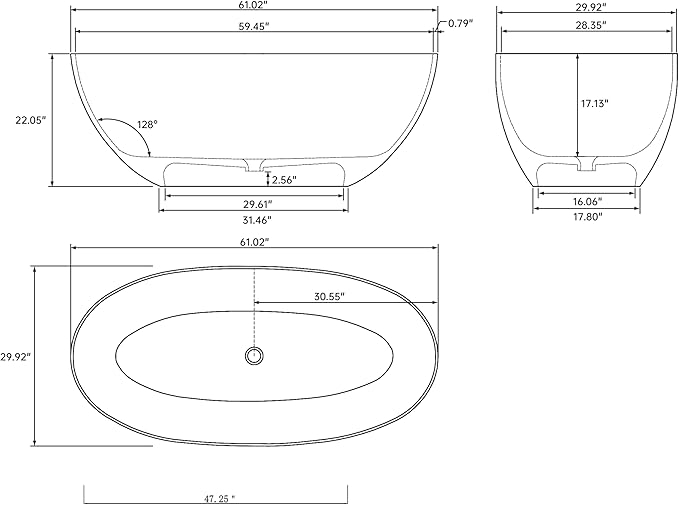 Stone Resin Freestanding Bathtub 61", Elegant Oval Shape Soaking Tub, Solid Surface Stand Alone Bathtub with Drain & Integrated Slotted Overflow Transparent Blue AMFS303-1550-TPBLUE