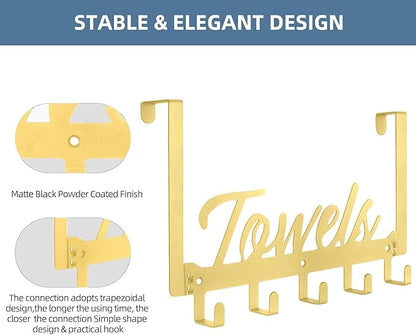 2 Pack Over The Door Hooks, Towel Rack for Bathroom Towel Holder for Hanging Heavy Duty, Wall Mount Towel Hanger with 10 Hooks for Bedroom Bathroom Kitchen Towels, Bag, Coats(Gold)