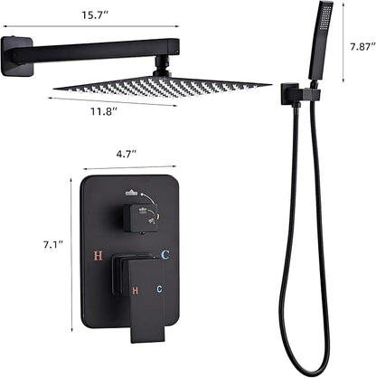 Shower Faucet Set, Matte Black Rainfall Shower System Complete Wall Mounted for Bathroom with 12 Inch Square Shower Head and Handheld Shower Head Rain Mixer Combo Set