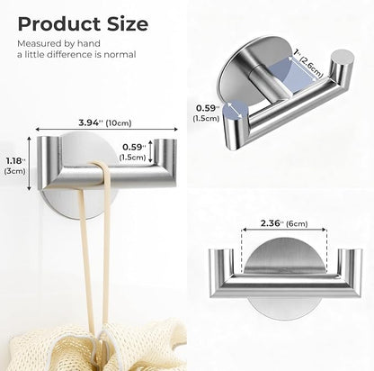 2 Pack Brushed Nickel Bathroom Hooks for Towels - Self Adhesive Double Hooks for Wall, No Drilling, Stainless Steel 304, Strong Hold for Robes, Coats, Shower Use