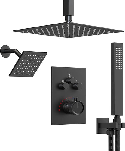 Ceiling Mount 12" High-Pressure Rainfall Shower Faucet, Dual Rainfall Shower Head System with Valve (Matte Black)
