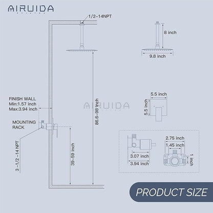 Airuida Shower Faucet Set and Handle Set Single Function Shower Trim Kit Ceiling Mount Rainfall Shower System with Male Threads and Rough-in Valve 10 Inch Square Shower Head Chrome Polish
