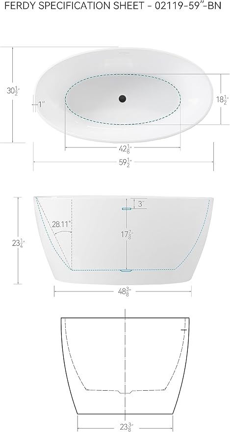 FerdY Tahiti 59" Acrylic Freestanding Bathtub, Elegant Oval Shape Soaking Bathtub, Glossy White, Matte Black Drain & Matte Black Overflow Assembly Included cUPC Certified