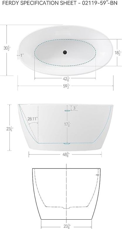 FerdY Tahiti 59" Acrylic Freestanding Bathtub, Elegant Oval Shape Soaking Bathtub, Glossy White, Matte Black Drain & Matte Black Overflow Assembly Included cUPC Certified