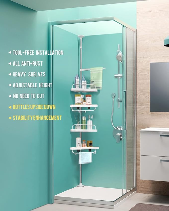 ADOVEL 4 Layer Corner Shower Caddy, Adjustable Shower Shelf, Constant Tension Stainless Steel Pole Organizer, Rustproof 3.3 to 9.8ft