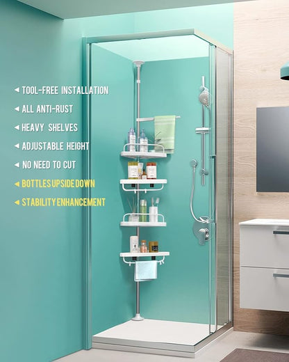 ADOVEL 4 Layer Corner Shower Caddy, Stainless Steel Constant Tension Pole Shower Organizer, Adjustable Corner Shower Shelf, Rustproof 3.3 to 9.8 ft