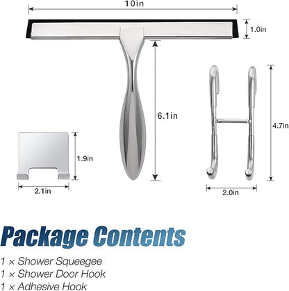 Simtive 10-Inch Shower Squeegee Set, Includes Shower Door Hook and Adhesive Hook, Squeegee for Shower Doors, Mirror and Window, Silver
