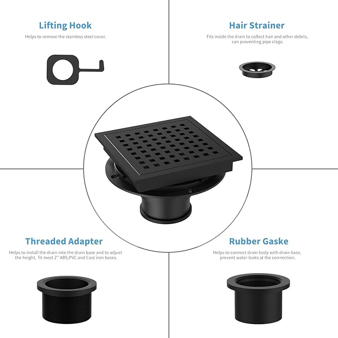 6 Inch Square Shower Floor Drain, Brushed Nickel High Flow Shower Drain Kit with Flange with Hair Filter, Removable Grate Cover, Stainless Steel, Abs Fixing Tray, CUPC Certified (Matte Black)