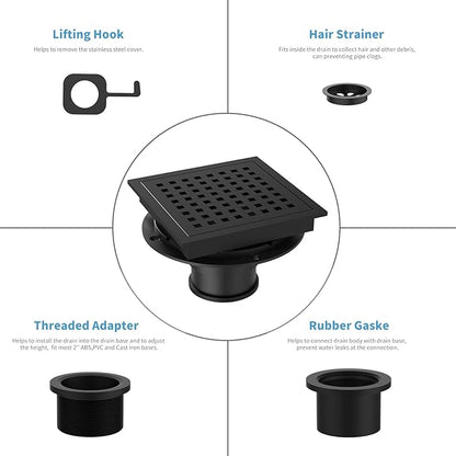 6 Inch Square Shower Floor Drain, Brushed Nickel High Flow Shower Drain Kit with Flange with Hair Filter, Removable Grate Cover, Stainless Steel, Abs Fixing Tray, CUPC Certified (Matte Black)