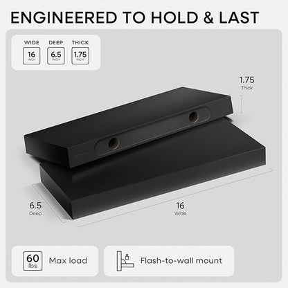 Homeforia 16 inch Black Floating Shelves, High End Solid Real Wood 16inch Bathroom Floating Shelves for Wall Mounted, 16in Wooden Small Floating Shelf, Heavy Duty Bracket, 16 X 6.5 X 1.75 in, Set of 4
