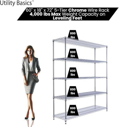 NSF Commercial 5-Tier Wire Shelving with Wheels, 60"x18"x72" Heavy Duty Metal Shelves 4000 lbs Max Capacity, Chrome Storage Rack for Garage Kitchen Pantry Warehouse