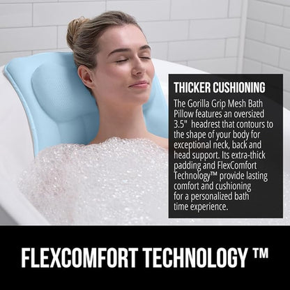 GORILLA GRIP Bath Pillow for Tub with Powerful Suction Cups, Headrest Pillows for Neck and Back Support, Machine Wash, Bathtub and Hot Tub Accessories, Relaxing Gift Essentials for Women, Spa Blue