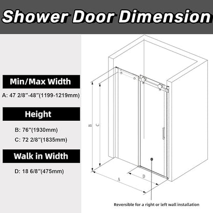 Sunrosa Semi-Frameless Glass Shower Door, 47 2/8" -48" W x 76" H Single Sliding Shower Door, Shower Door with Tempered Glass 5/16"(8mm), Matte Black