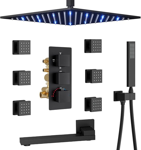 Thermostatic Shower System Matte Black Shower Faucet Set with Tub Spout, 6 PCS Body Jet and Handheld Spray, 12 inch Ceiling Mount Shower Head