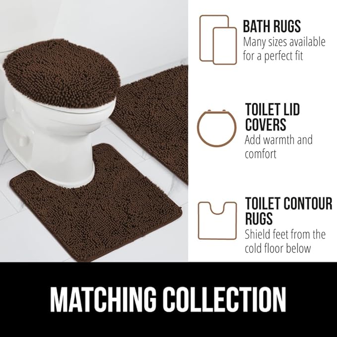 GORILLA GRIP Plush Absorbent Shaggy Chenille Bath Rug Mat for Oval Toilet Base with Rubber Backing, Machine Washable Rugs, Soft Microfiber Contour Mats for Toilets, Bathroom Decor, Brown